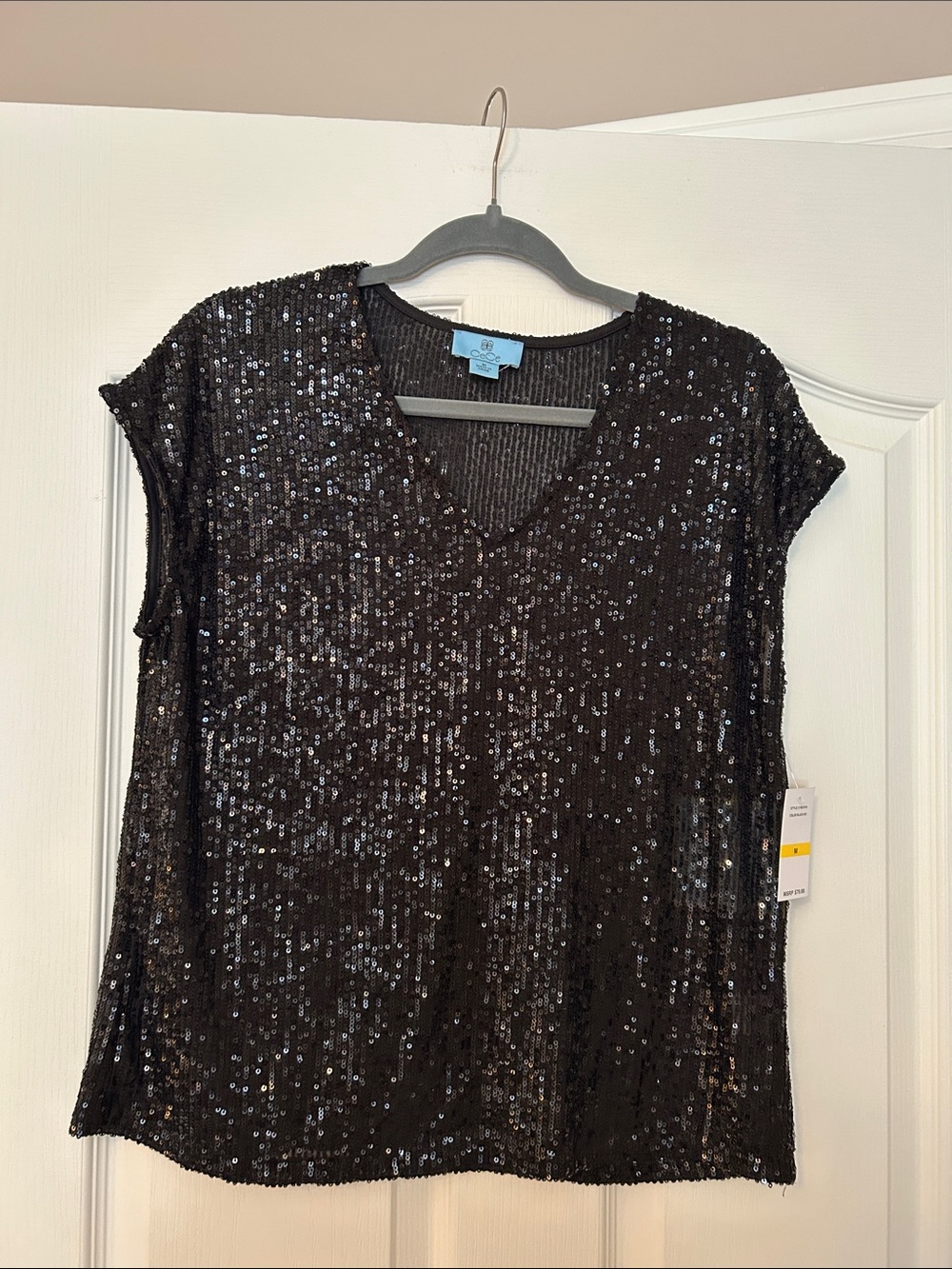 CeCe Black Sequin V-Neck Cap Sleeve Top